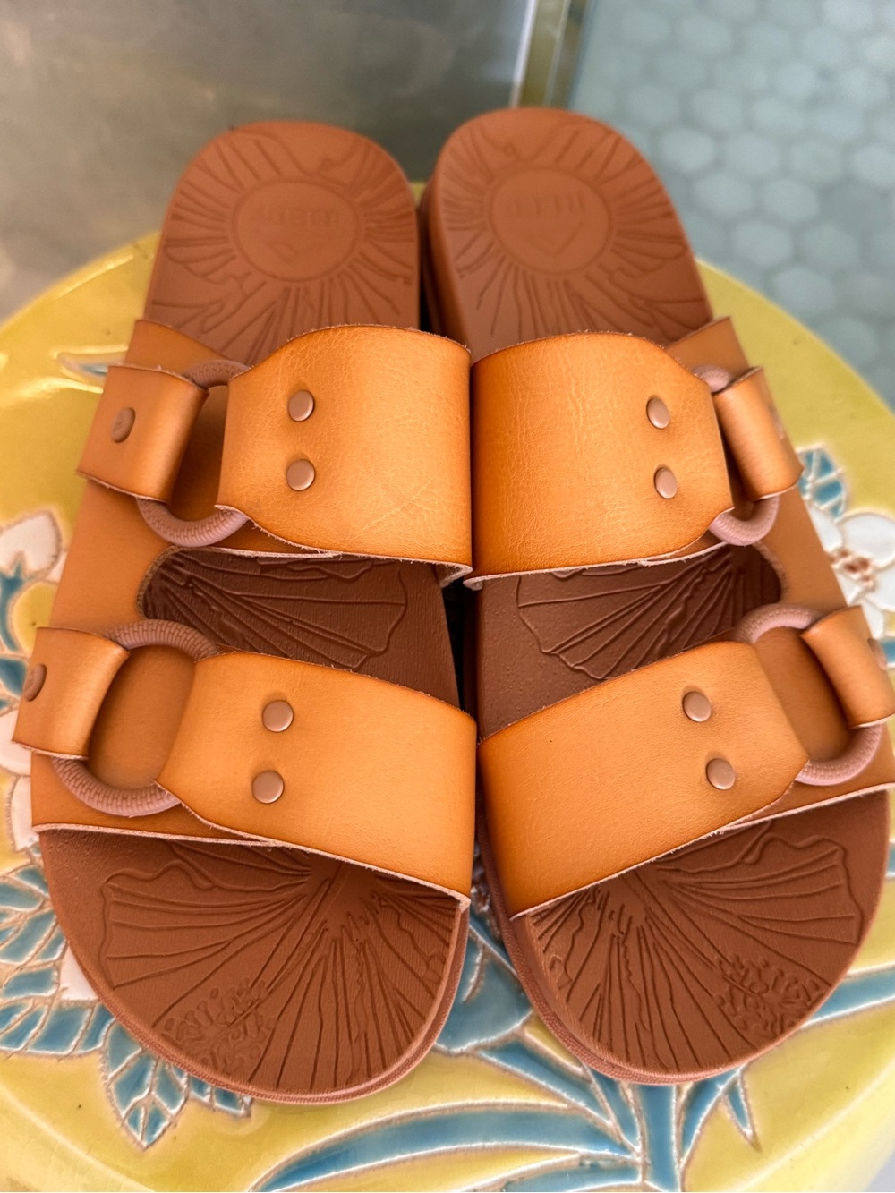 Women’s Tan Slide Sandals - Comfortable Leather-Look Straps